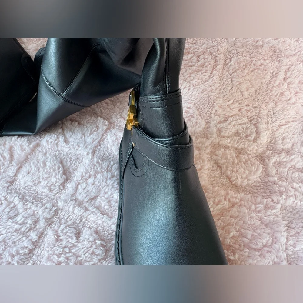 NWOT Guess Jellio Black Over-the-Knee Boots with Gold Accent